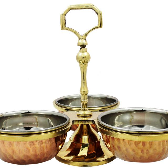 SKAVIJ Copper Steel Serving Pickle, Condiment Dish Rack 3-Bowls Set 6 Ounce