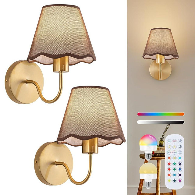 ADISUN Battery Operated Wall Sconce Set of 2, Gold Wall Lamps Rechargeable Bulbs for Living Room, Brown Rattan Shade, Wireless Wall Lights for Bedroom Living Room Hallway Kitchen(2 Bulbs Included)
