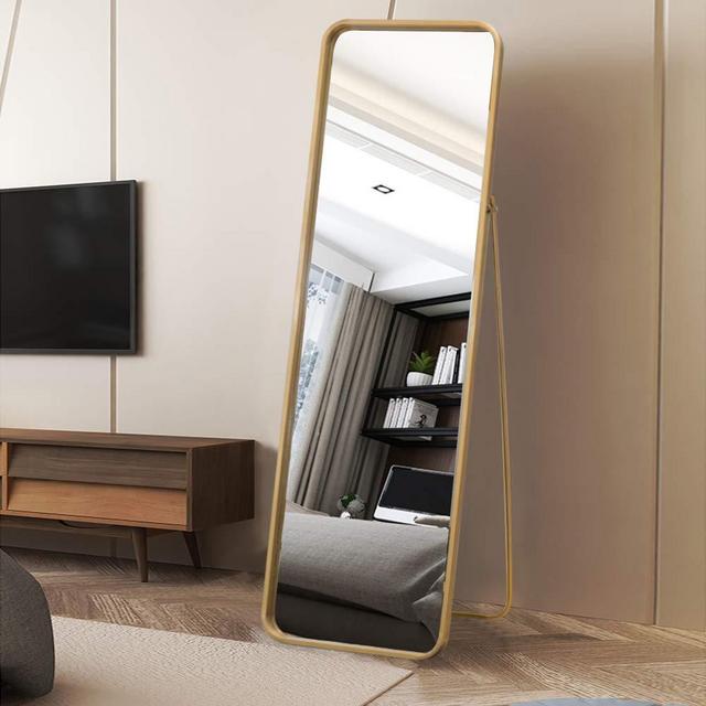 VINGLI Full Length Mirror Metal Frame Floor Mirror with Stand Dressing Mirror in Bedroom/Living Room/Bathroom Full Body Wall-Mounted Mirror with Round Corner (Gold)