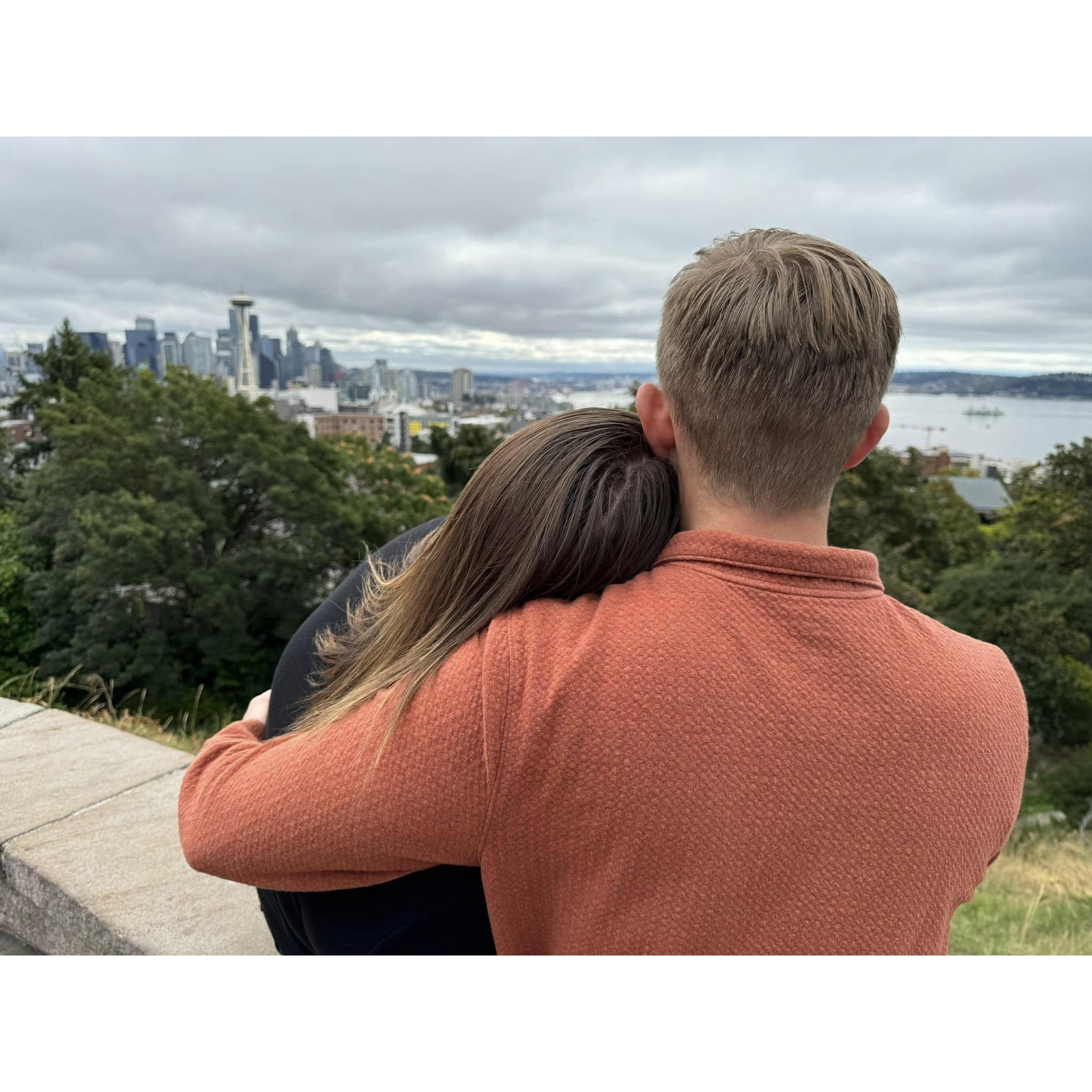 Taking in the stunning Seattle skyline from Kerry Park—just us and the city.