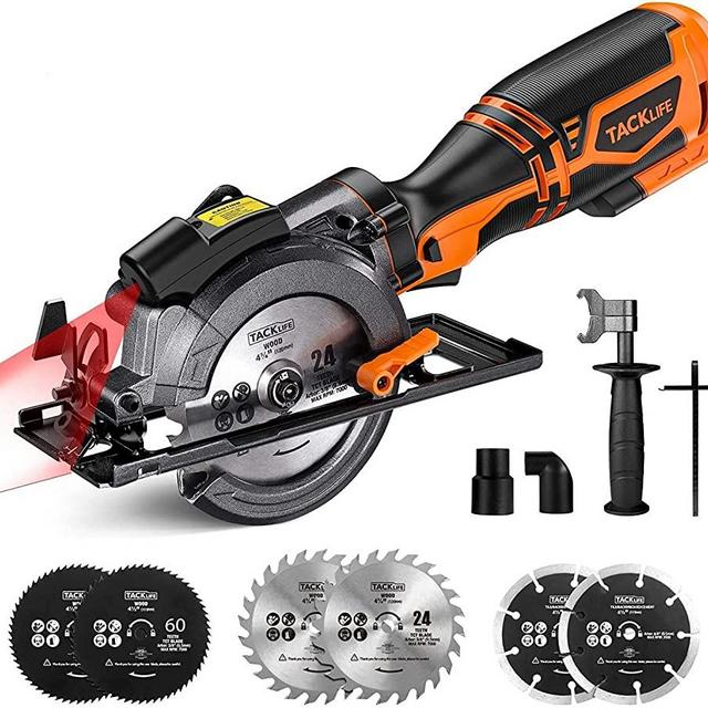 Circular Saw TACKLIFE, 5.8A 3500RPM, Metal Handle With 6 Blades (4-3/4" & 4-1/2”), Cutting Depth 90° (1-11/16''), 45° (1-3/8''), laser, Ideal Mini Circular Saw for Wood, Soft Metal, Plastic- TCS115A