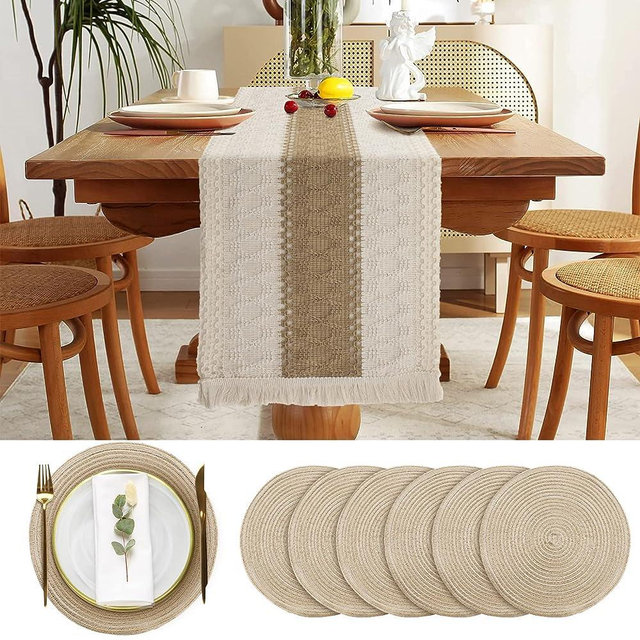 7 Pcs Boho Table Runners and Boho Round Placemats Splicing Woven Macrame Table Runner with Tassels Farmhouse Dining Table Decor for Wedding Kitchen Dining, 12 x 72 Inches, 12 Inches, Beige