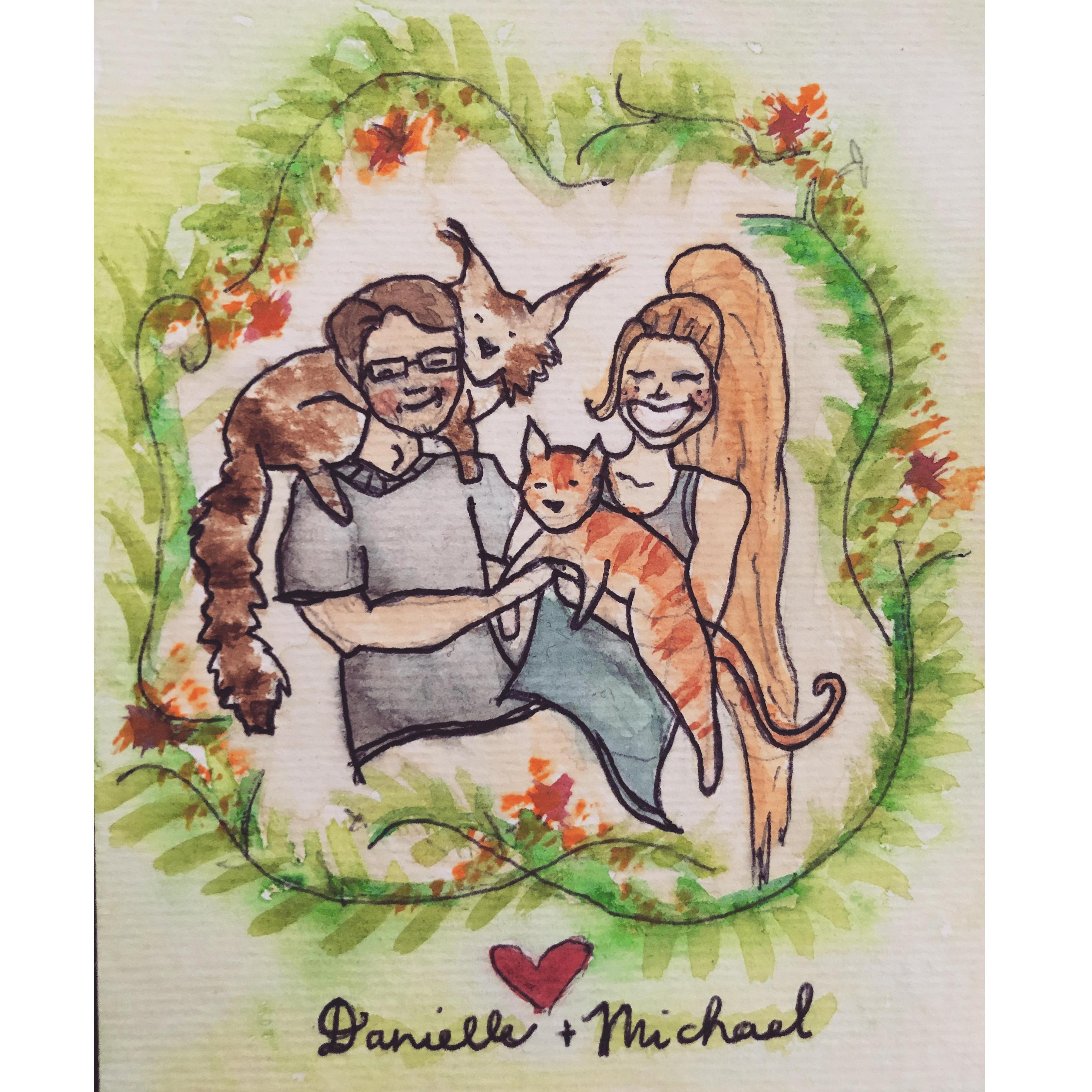 Artistic rendering of the couple & their beloved cats - painted by Sydney Gargiulo, 2019