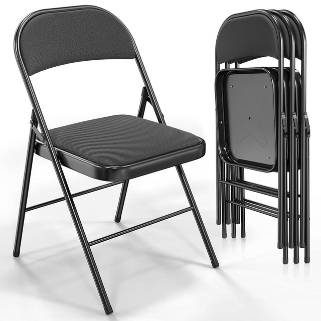 VINGLI Folding Chairs with Padded Seats, Metal Frame with Fabric Seat & Back, Capacity 350 lbs, Black, Set of 4