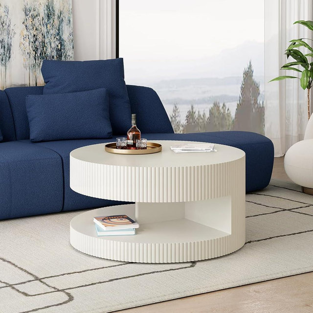 DREAMODERN Round Coffee Table with Storage, Modern Circular Center Table with Vertical Stripe Design, End Table Accent Tables for Living Room Bedroom Apartment - φ31.5" x 15.75"H White