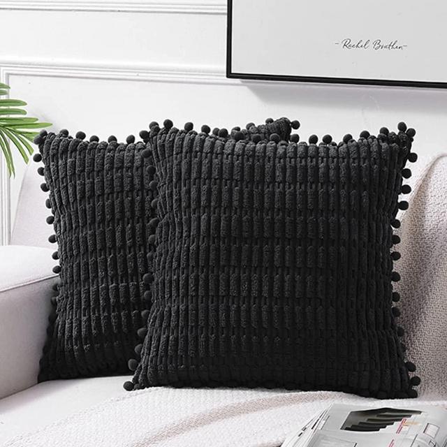 Fancy Homi 2 Packs Black Decorative Throw Pillow Covers 18x18 Inch with Pom-poms for Couch Bed Living Room, Farmhouse Boho Home Decor, Soft Corduroy Cute Square Cushion Case 45x45 cm