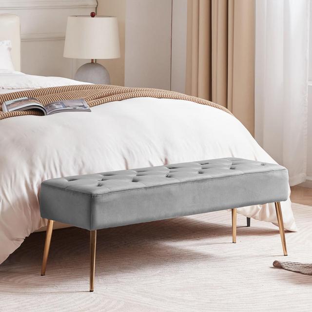 Duhome Modern Velvet Bench Ottoman Comfortable Footrest Stool Bench Button Tufted Indoor Bench with Gold Metal Base Legs for Entryway Living Room Bedroom Grey