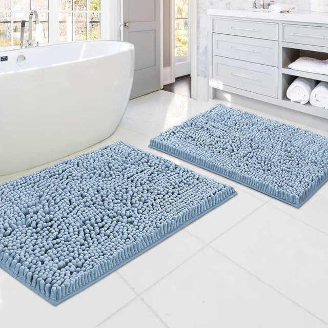 H.VERSAILTEX Bathroom Rugs Bath Mats for Bathroom Non Slip Luxury Chenille Bathroom Rugs Extra Soft Absorbent Shaggy Bathroom Mat Rugs Washable Fast Dry 2 Piece (Cool Blue, 20" x 32"/17" x 24")