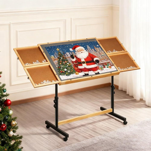 Dechawfon Solid Wood Jigsaw Puzzle Table with Drawers & Lockable Wheels, Tilting Puzzle Board 0-90° Adjustable, 1500 Pieces Puzzle Board with Legs, 37.4” x 27.9“ Portable Puzzle Table with Legs