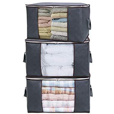 Lifewit Large Capacity Clothes Storage Bag Organizer with Reinforced Handle Thick Fabric for Comforters, Blankets, Bedding, Foldable with Sturdy Zipper, Clear Window, 3 Pack, 90L, Grey