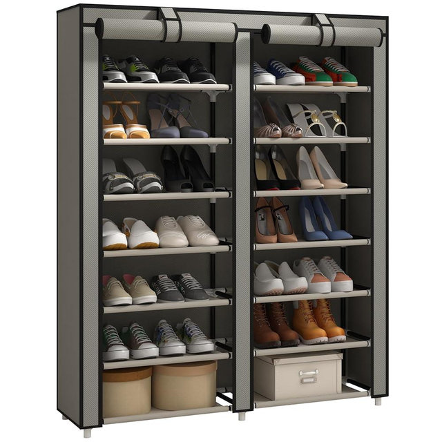 JIUYOTREE Double Row Shoe Rack Storage Organizer with Big Capacity,7-Tier Shoe Cabinet,Shelf,Closet with Nonwoven Fabric Cover for 28 Pairs of Shoes,Grey