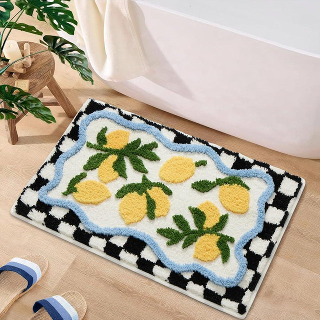 ORTIGIA Checkered Lemon Bath Rug for Bathroom, Cute Bathroom Mat Non Slip Soft Microfiber Absorbent Washable Rug for Laundry Home Decor, 20x32 inch