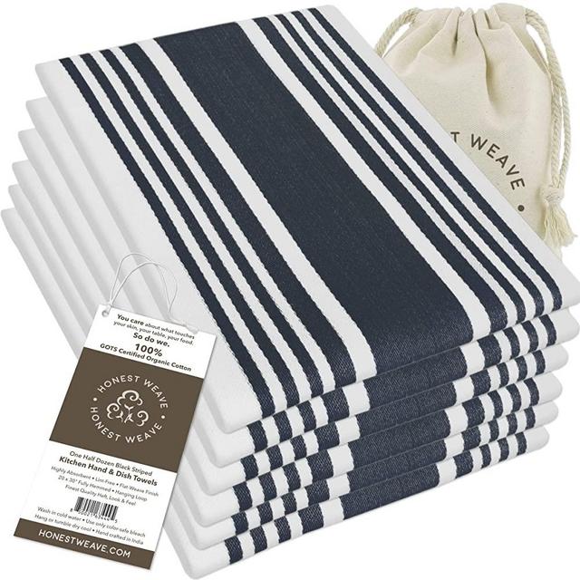 HONEST WEAVE GOTS Certified Organic Cotton Kitchen Hand and Dish Towel Sets - Oversized 20x20 inches, Fully Hemmed, in Designer Colors, 6-Pack, Black Stripe
