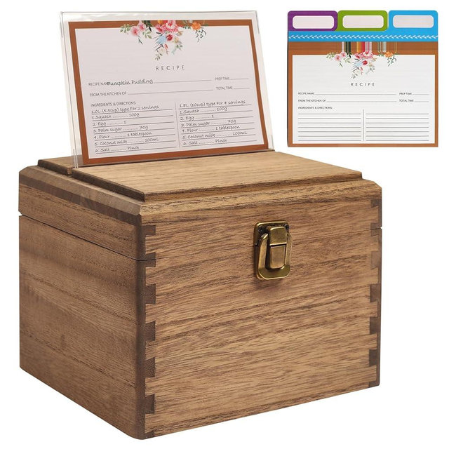 KIRIGEN Wood Recipe Box with Cards and Dividers Recipe Card Box Wooden Recipe Card protector Recipe Holder Box with About 100 Cards 12 Dividers (CPH-DBR)