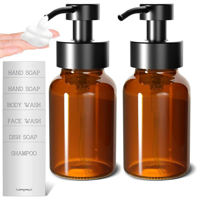 2Pcs Amber Glass Foaming Soap Dispenser - 8.5 oz Amber Glass Soap Dispenser with Pump, Compatible with Hand Soap, Dish Soap, Shampoo and Gel, Durable, Stylish & Refillable for Bathroom and Kitchen