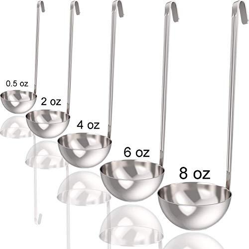 Soup Ladle and Ladle Spoon Set of 5 - Includes 0.5 oz, 2oz, 4oz, 6oz and 8oz ladles and Spoons, Made from Stainless Steel, Small Ladled and Big Spoon Sizes.