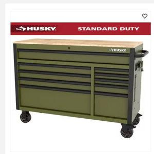 Standard-Duty 52 in. W 10-Drawer Matte Army Green Mobile Workbench Cabinet with Solid Wood Top
