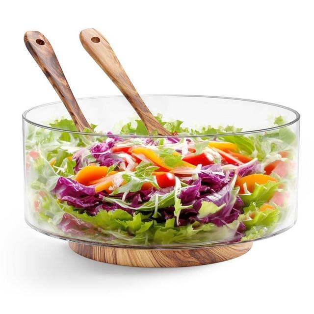 JINYUE Large Salad Bowl with Acacia Wood Base and Serving Utensils, Clear Glass Serving Bowl Set for Fruits, Cakes, Pasta, Desserts, Dishwasher and Microwave Safe and Easy to Clean