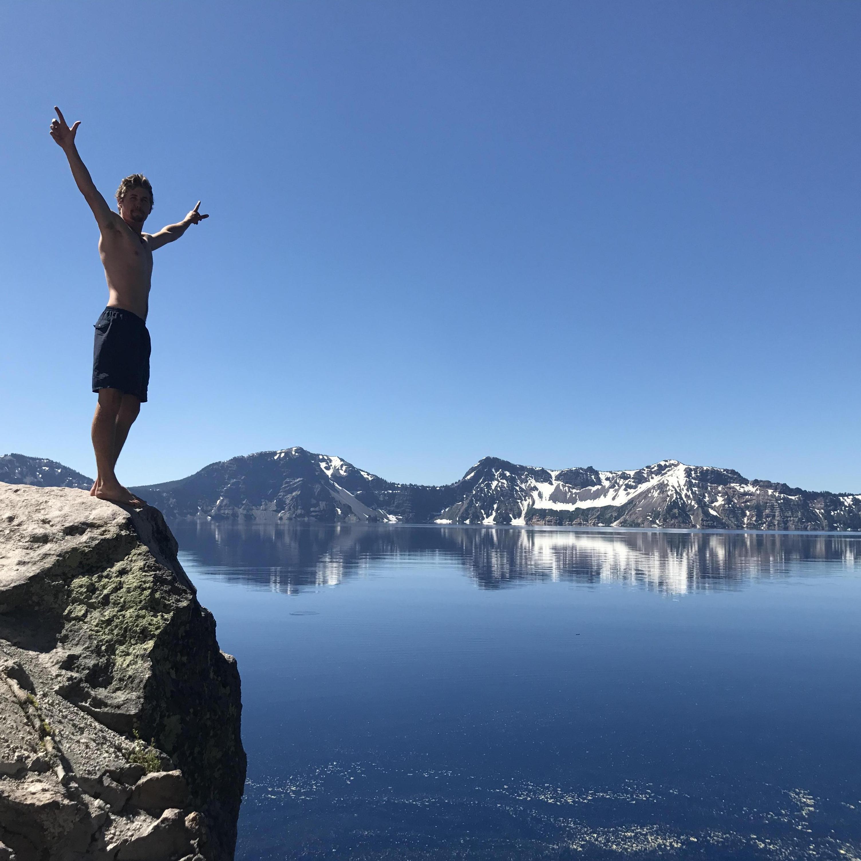 Keegan jumping into Crater Lake [Oregon road trip, July 2017]