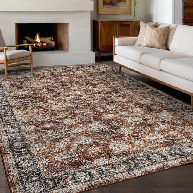 5'x7' Washable Rug Living Room Rug Vintage Floral Rug Oriental Area Rug, Non Slip Low Pile Rug: Traditional Red, Pet Friendly, Water & Stain Resistant