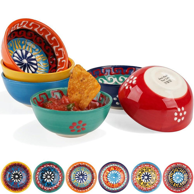 BCS Ceramic Salsa Bowls Set of 6 Small Pinch Bowls for Dipping, Cooking Prep & Charcuterie Board, Soy Sauce Dish, Multicolor Handmade Decorative Mini Serving Dishes Dishwasher Safe (3.2''-3 oz)