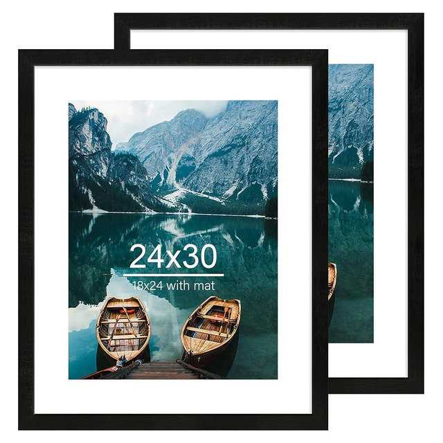 Hongkee 24x30 Frame Set of 2, Rustic Black Wood Style - Display 18x24 Picture Frame with Mat or 24 x 30 Poster without Mat, Wall Mounting Horizontal and Vertical