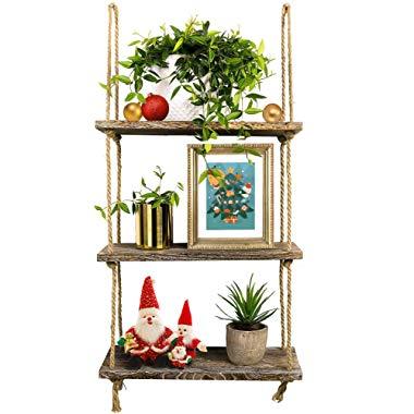 TIMEYARD Decorative Wall Hanging Shelf, 3 Tier Distressed Wood Jute Rope Floating Shelves, Rustic Home Wall Decor