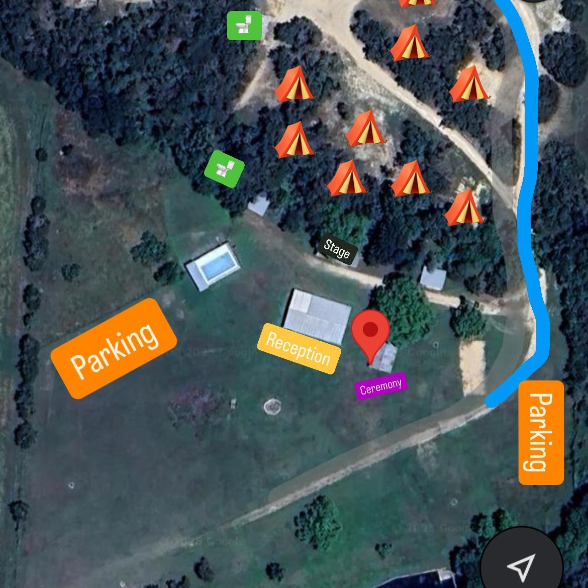 Basic layout of the camping, ceremony, and reception area. There are showers onsite for those of you camping.