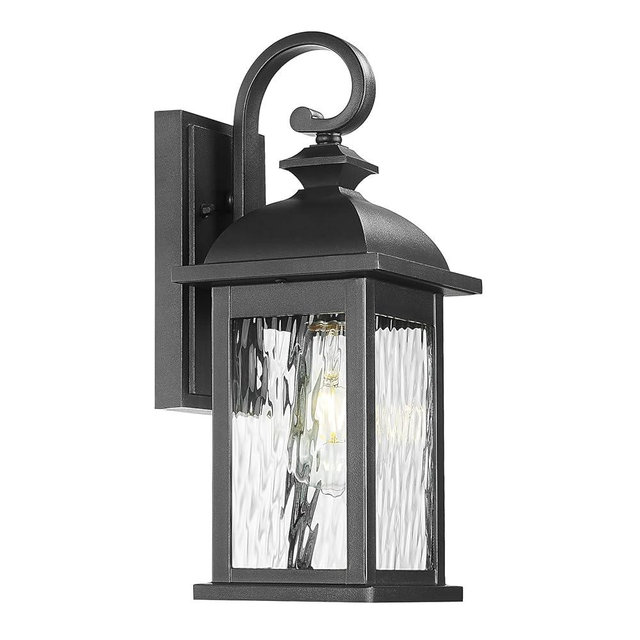 FEMILA Outdoor Wall Light Fixture, 1-Light Exterior Waterproof Wall Sconce, 15" Front Porch Lights, Anti-Rust Matte Black Finish with Water Ripple Glass, 4FD54B BK-WP