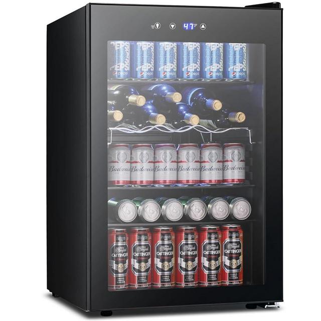 Joy Pebble Beverage Refrigerator Cooler,145 Can Mini Fridge with Glass Door for Beer Soda Wine, Small Drink Fridge with Adjustable Thermostat, Beverage Fridge for Bar Home Office,4.4Cu.Ft, Black