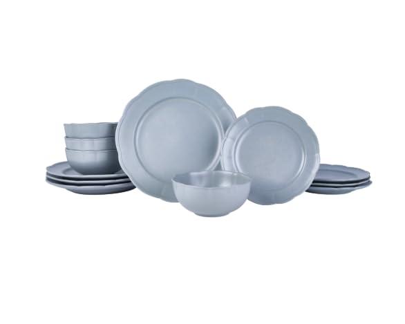 Beautiful Scallop Stoneware Dinnerware 12 Piece Set by Drew Barrymore (Black Sesame) (Cornflower Blue) (Cornflower Blue)