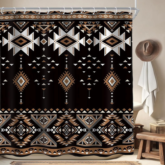 AMBZEK Black Western Aztec Shower Curtain 72Wx72L Inch Abstract Tribal Ethnic Boho Southwestern Brown Geometric Retro Native Neutral Fabric Waterproof Polyester Bathroom Decor Set with 12 Pack Hook