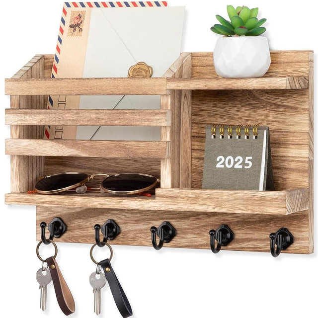 Nekon Key Holder for Wall, 11.8" x 7.8" x 3.1" Wooden Key and Mail Organizer Wall-Mounted, Key Rack with 5 Hooks for Entryway Hallway, Rustic Home Decor (Wood)