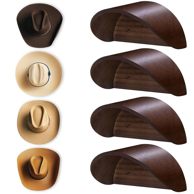 Cowboy Hat Holder Rack for Wall, 4 Pack Hat Hooks with Non-Damage Brim Design, Rustic Wood Hats Hanger on Wall to Keep Original Shape of Hats, for Home, Closet, Entryway, Cabin, Western Room Decor