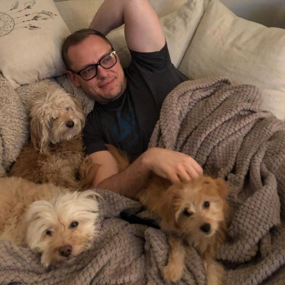 Stephen and our three dogs, Daisy, Dolly and Winnie