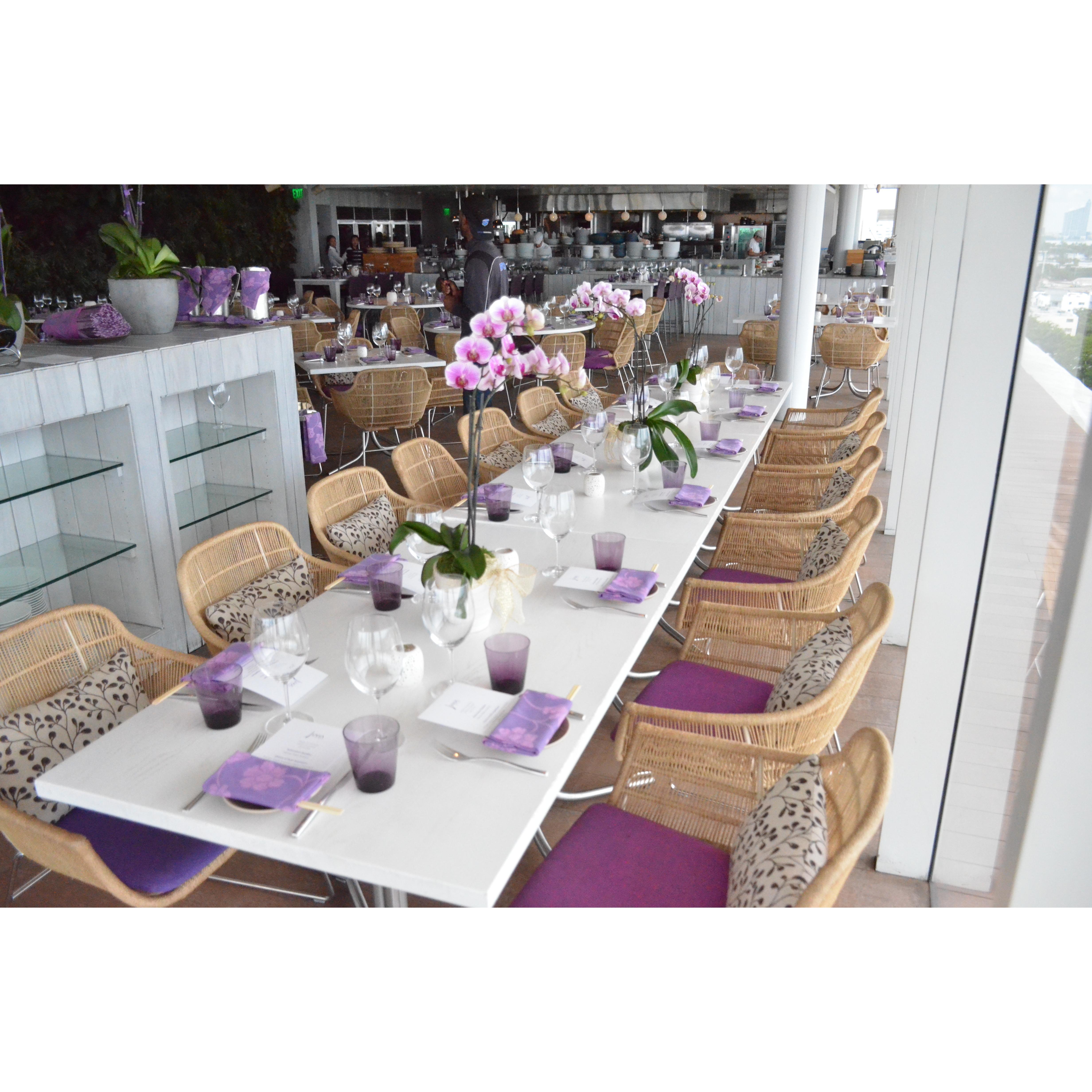 The beautiful table set for the surprise proposal at Juvia Miami Beach