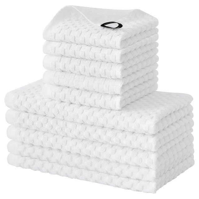 Fintale 100% Cotton Kitchen Towels and Dishcloths Set, 12 x 12 & 15 x 25 Inches, Set of 10 Bulk Super Soft and Absorbent Terry Cloth Dish Towels, Quick Drying Hand Towels with Hanging Loop, White