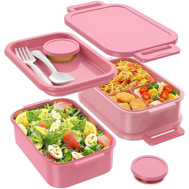 Jelife Bento Lunch Box for Adults - 3 Layers Leak-Proof Stackable Bento Box for Adults, 72oz Large-Style All-in-One Adult Lunchbox Bento Box with Utensil Accessories for Dining Out,Work, Pink