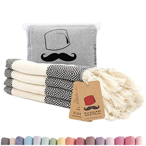 Bazaar Anatolia Turkish Hand Towel Set of 4 Diamond Peshtemal Towel 100% Cotton 45x20 Light Weight Thin Quick Dry Hand Hair Gym Face Bath Tea Kitchen Dishcloth Set Decorative Bathroom Towel (Black)