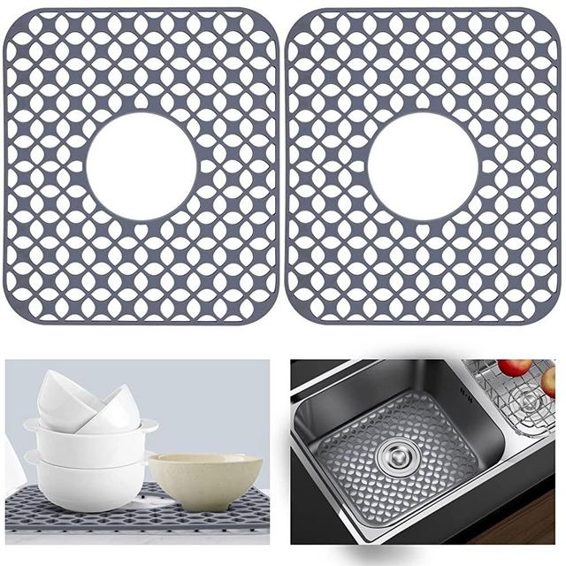 JUSTOGO Silicone Sink Protector, Center Drain Kitchen Sink Mats Grid Accessory, 2 PCS Folding Non-slip Sink Mats for Bottom of Farmhouse Stainless Steel Porcelain Sink ((Light Grey, 13.58"x 11.6")