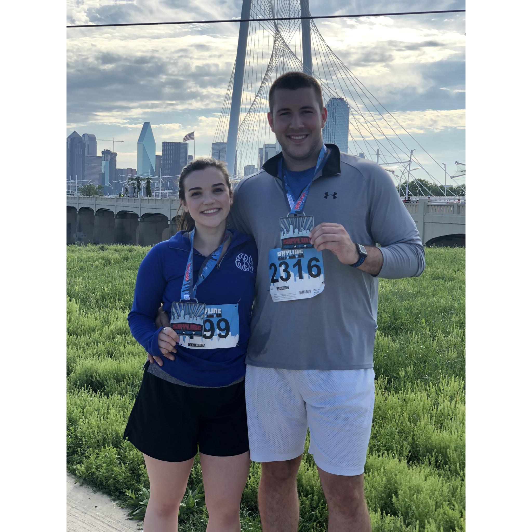Dallas Skyline 5K in Spring of 2019. One of our favorite things to do is to get outside and be active together! We love running races, working out and being outdoors.