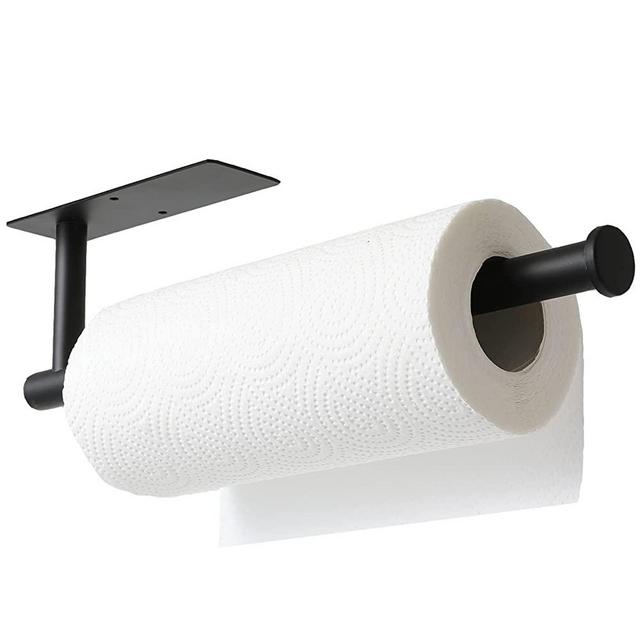theaoo Paper Towel Holder - Under Cabinet Paper Towel Holder for Kitchen, Adhesive Paper Towel Roll Rack for Bathroom Towel, Wall Mounted Matte Black Paper Towel Rack, SUS304 Stainless Steel