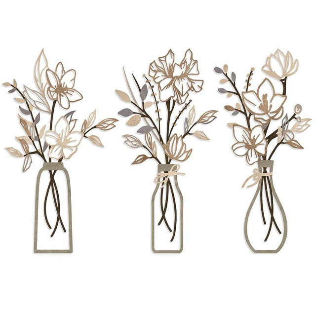 ARTINME 3 Pieces Metal Flowers Wall Arts - Rustic Farmhouse Decor Minimalist Flower Wall Decors for Living room Bathroom Kitchen Bedroom Dining Room - Housewarming Gifts (Brown)