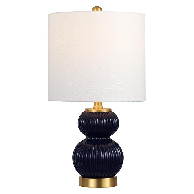 JONATHAN Y 20" Navy/Brass Gold Ribbed Gourd Glass Table Lamp, Modern Bedside Lamp for Bedroom Living Room, White Linen Drum Shade, LED Bulb Included (JYL1099D)