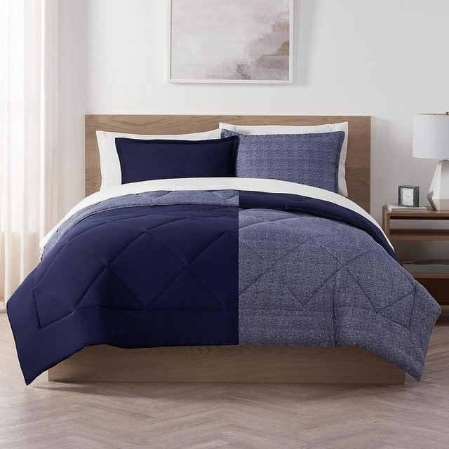 Serta Supersoft Cooling 7 Piece Reversible Complete Bedding Comforter Set with Sheets and Pillow Case for All Season, King, Peacoat