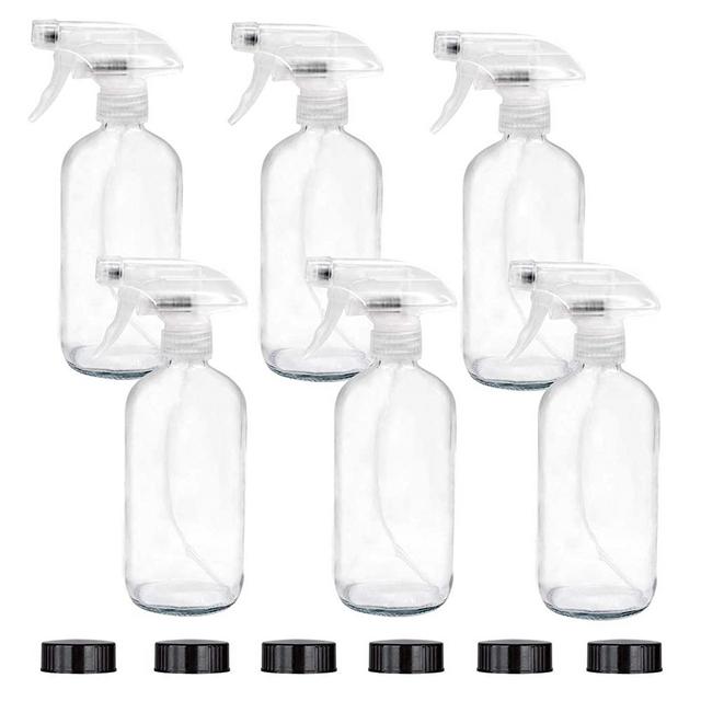 Easeen 6 Pack of 16 oz Glass Spray Bottles – Refillable Clear Containers with Adjustable Sprayer for Essential Oils, Plants, Cleaning Products, Cooking