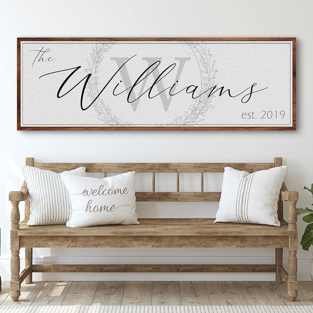 Tailored Canvases Personalized Family Sign - Last Name Signs For Home, Custom Wall Decor Canvas for Living Room, Fireplace, Kitchen, Porch, and Front Door - Monogram on White, Wooden Border, 48"x16"