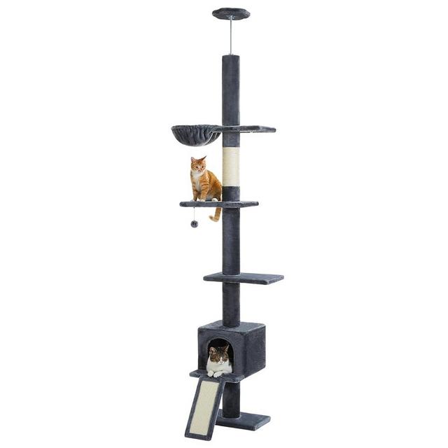 PEQULTI Floor to Ceiling Cat Tree Tall Cat Tower, Adjustable Height (83''~108'') 5 Tiers Cat Climbing Tree for Indoor Cats with Cat Condo, Cat Scratching Post and Cat Ladder, Dark Grey
