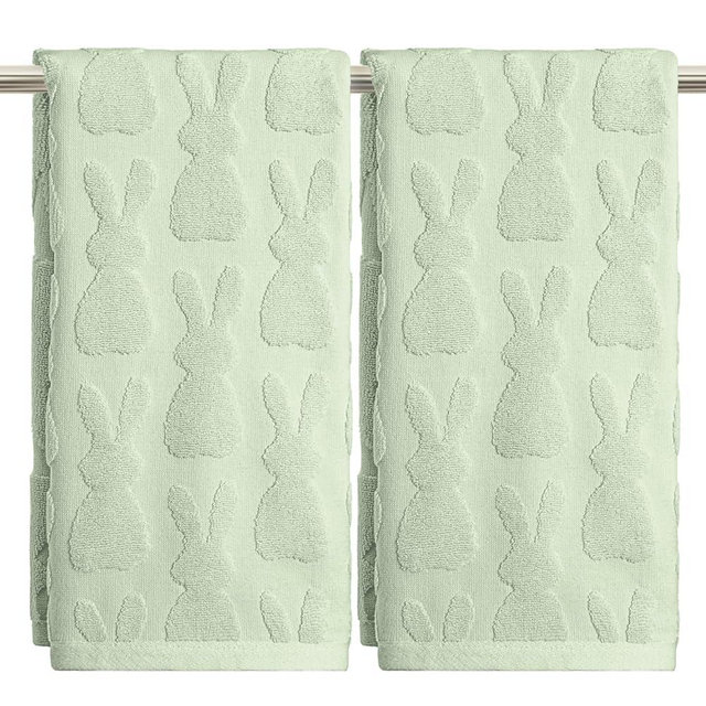 Artoid Mode 2 Pcs Light Green 3D Rabbit Jacquard Easter Hand Towels for Bathroom, 100% Cotton Soft Absorbent Bathroom Decor Towels, 13.7 x 29.5 Inch