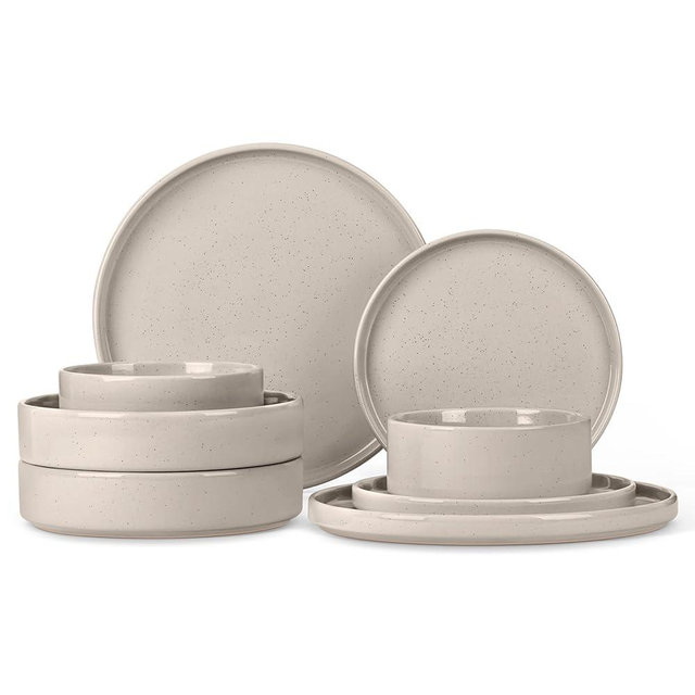 Herogo 8 Piece Plates and Bowls Set, Ceramic Dinnerware Sets with Pasta Bowls, Kitchen Dinner Ware Dishes Service for 2, Chip & Scratch Resistant Dishware, Speckled Coffee Brown
